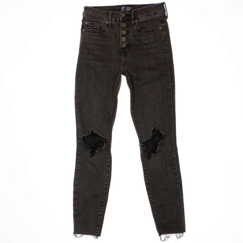 Gap Jeans Womens 2 High Rise Legging Distressed Charcoal Button Measures 25 x 26